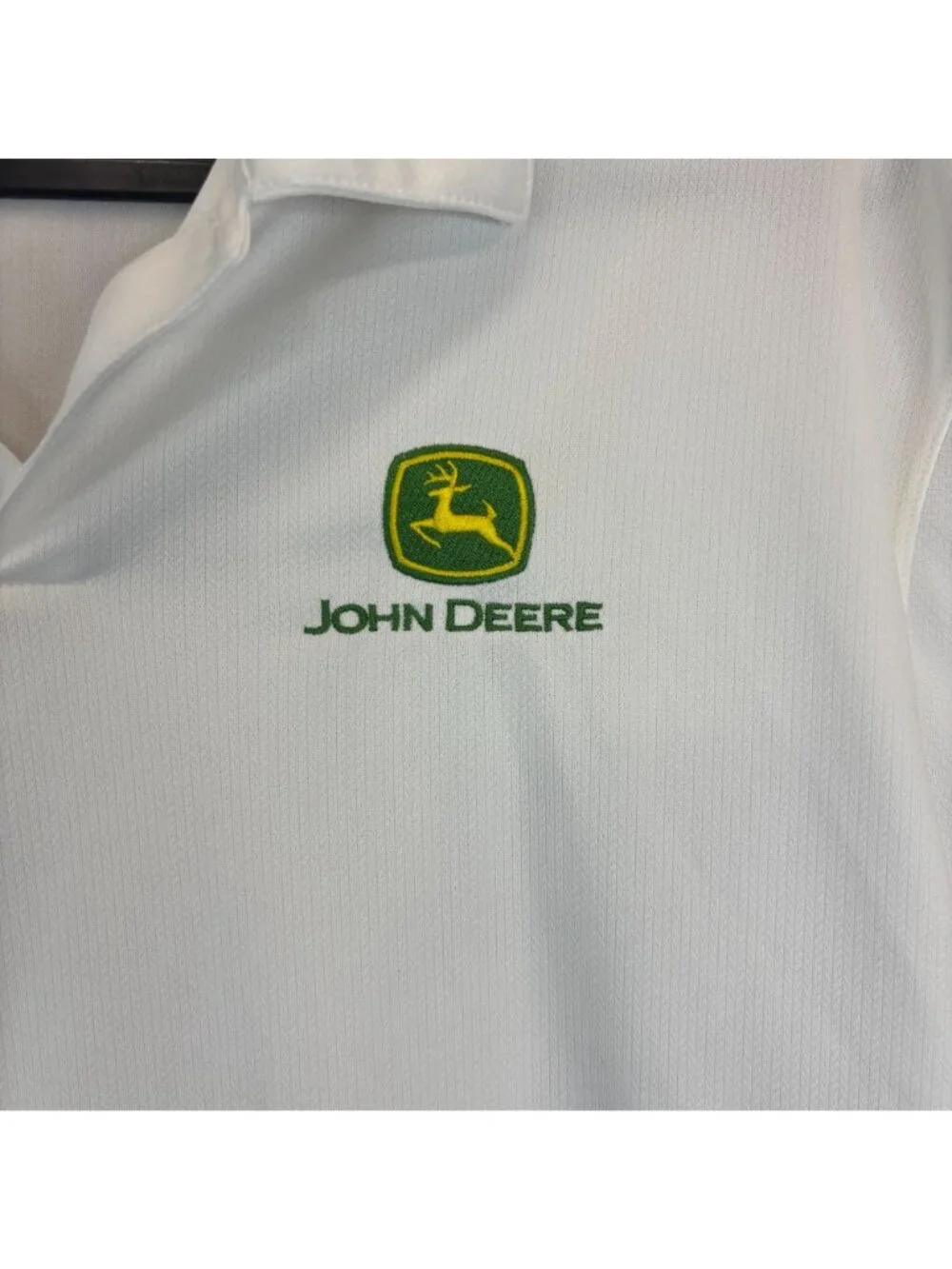 Nike John Deere Men's Size Large White Golf Dri-Fit Polo Golf Shirt Swoosh Logo